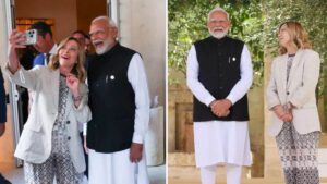 हैलो फ्रॉम दे मेलोडी टीम, पीएम नरेंद्र मोदी के साथ सेल्फी लेकर बोली जॉर्जिया मेलोनी, देखें वीडियो हैलो फ्रॉम दे मेलोडी टीम, पीएम नरेंद्र मोदी के साथ सेल्फी लेकर बोली जॉर्जिया मेलोनी, देखें वीडियो