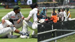 दक्षिण अफ्रीका बनाम पाकिस्तान केपटाउन टेस्ट में सईम अयूब का टखना मुड़ गया और उन्होंने स्ट्रेचर पर मैदान छोड़ दिया