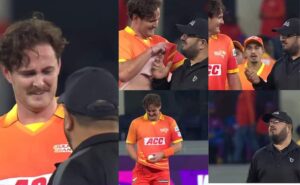 ILT20 2025 गल्फ जाइंट्स बनाम शारजाह वॉरियर्स मार्क अडायर के मैदानी अंपायर के साथ मजेदार पल वीडियो